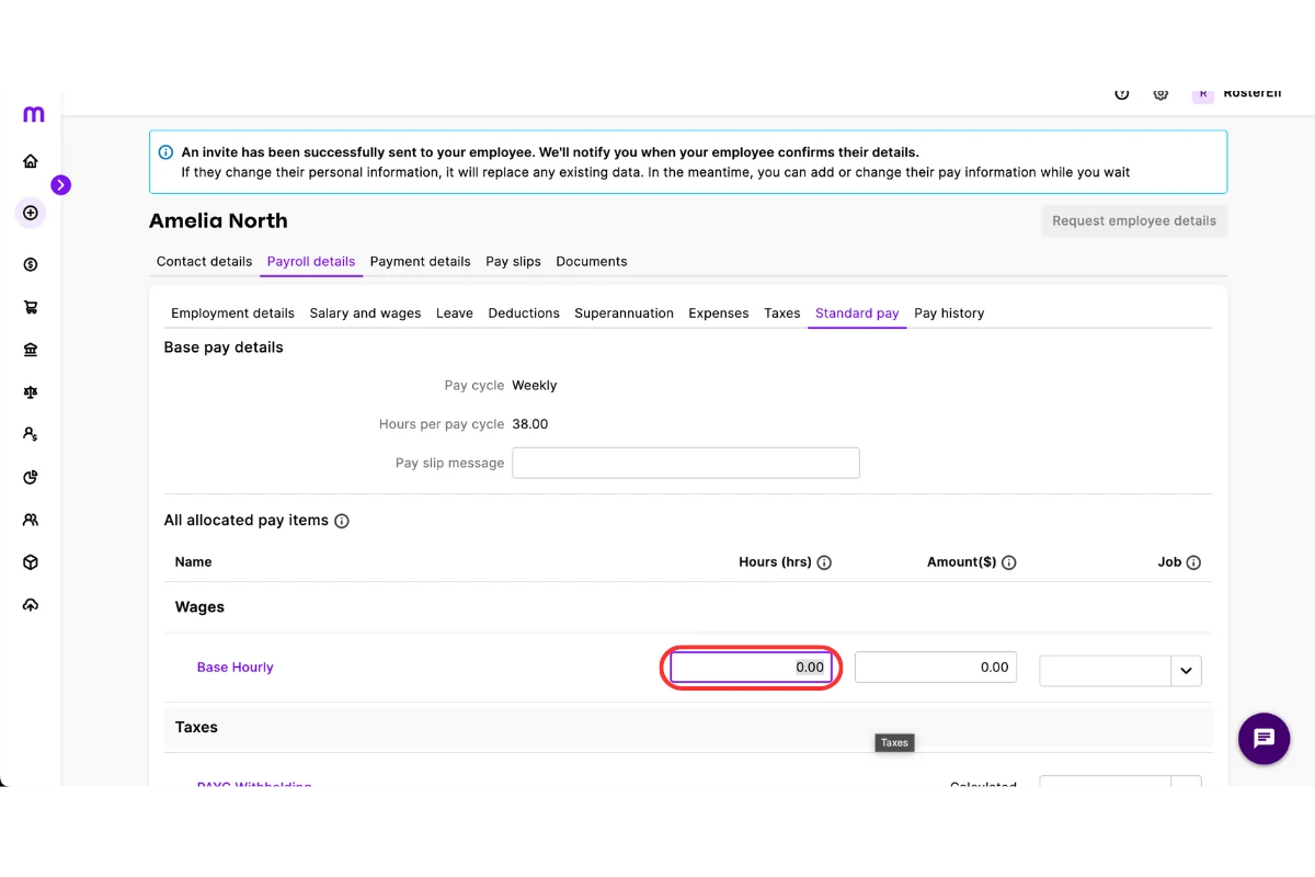 Entering 0 in Base hourly field in MYOB My Business