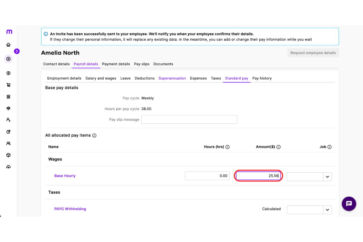 Entering the staff member's pay rate in MYOB My Business