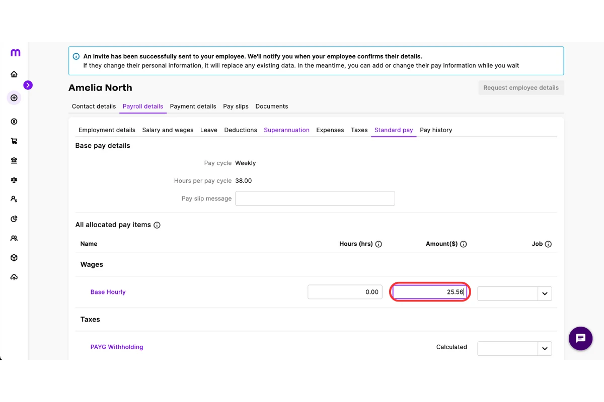 Entering the staff member's pay rate in MYOB My Business