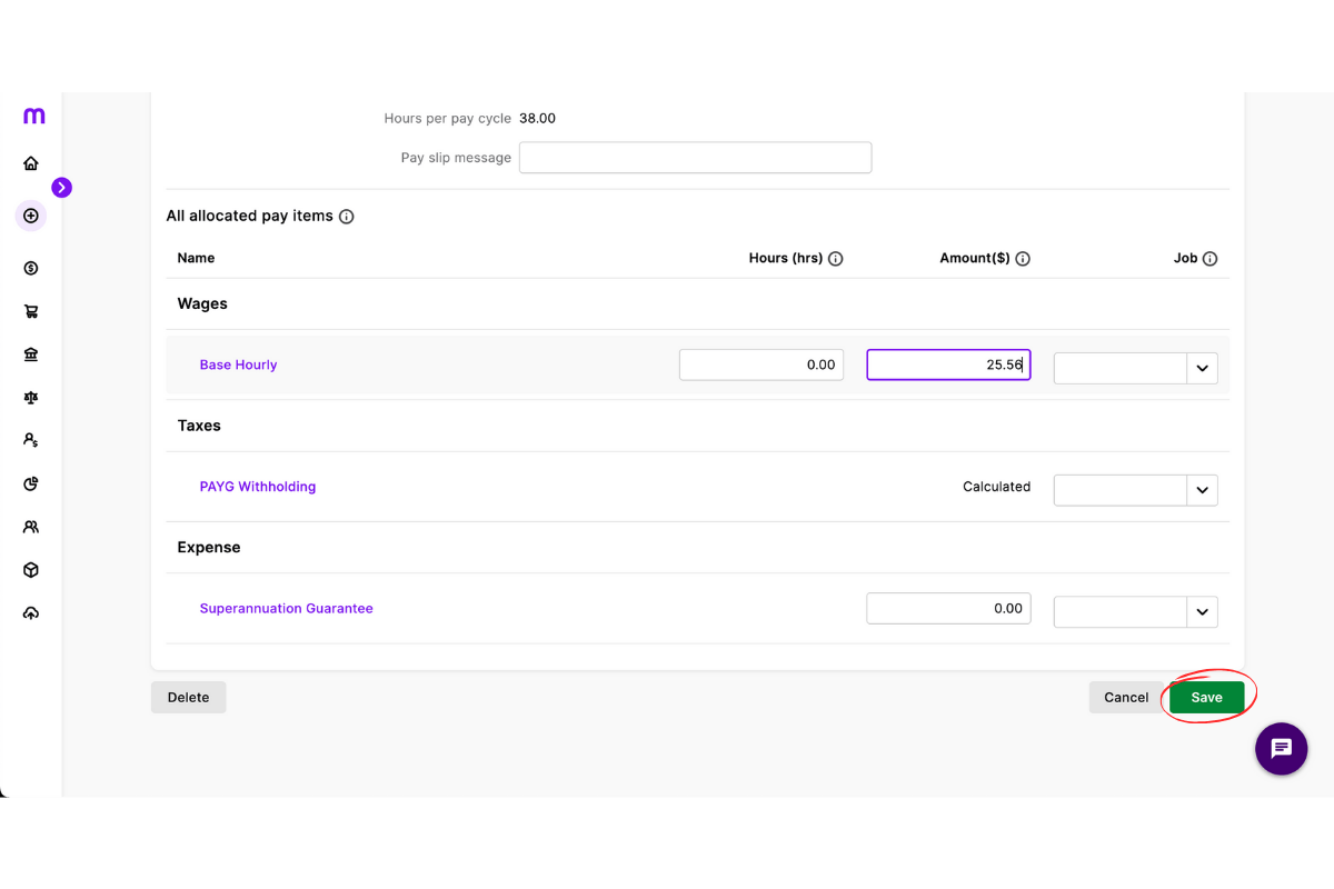 Pressing Save to apply the new pay rate in MYOB