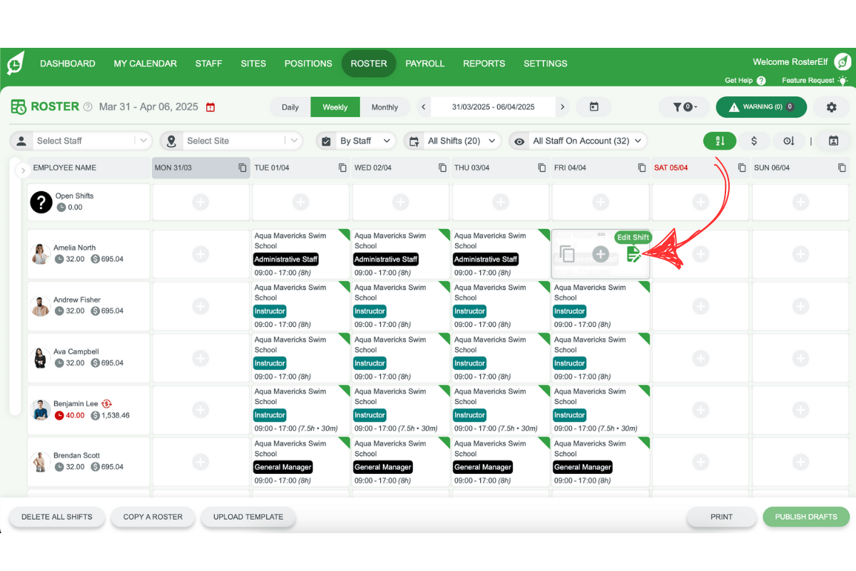 Shift in RosterElf with the Edit button highlighted