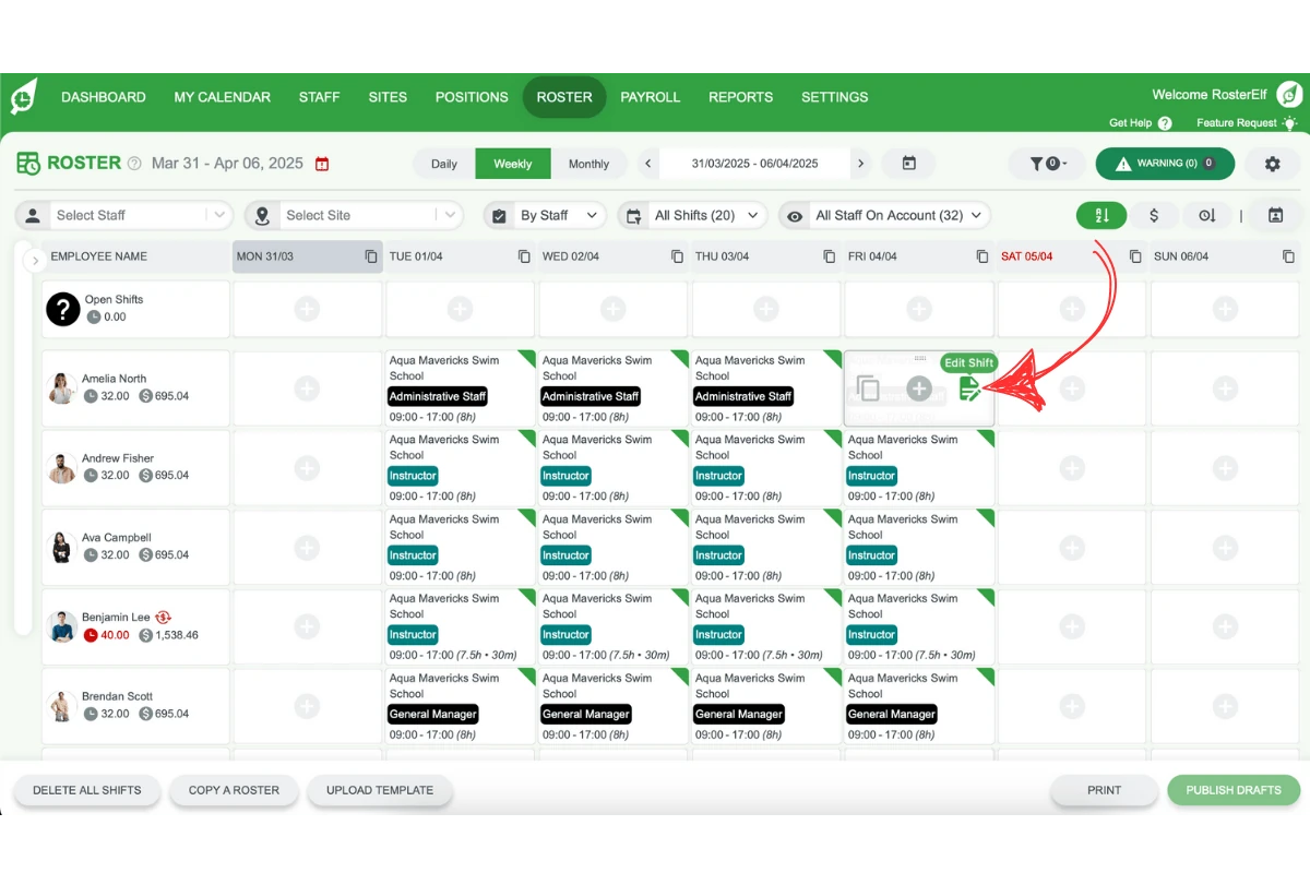 Shift in RosterElf with the Edit button highlighted