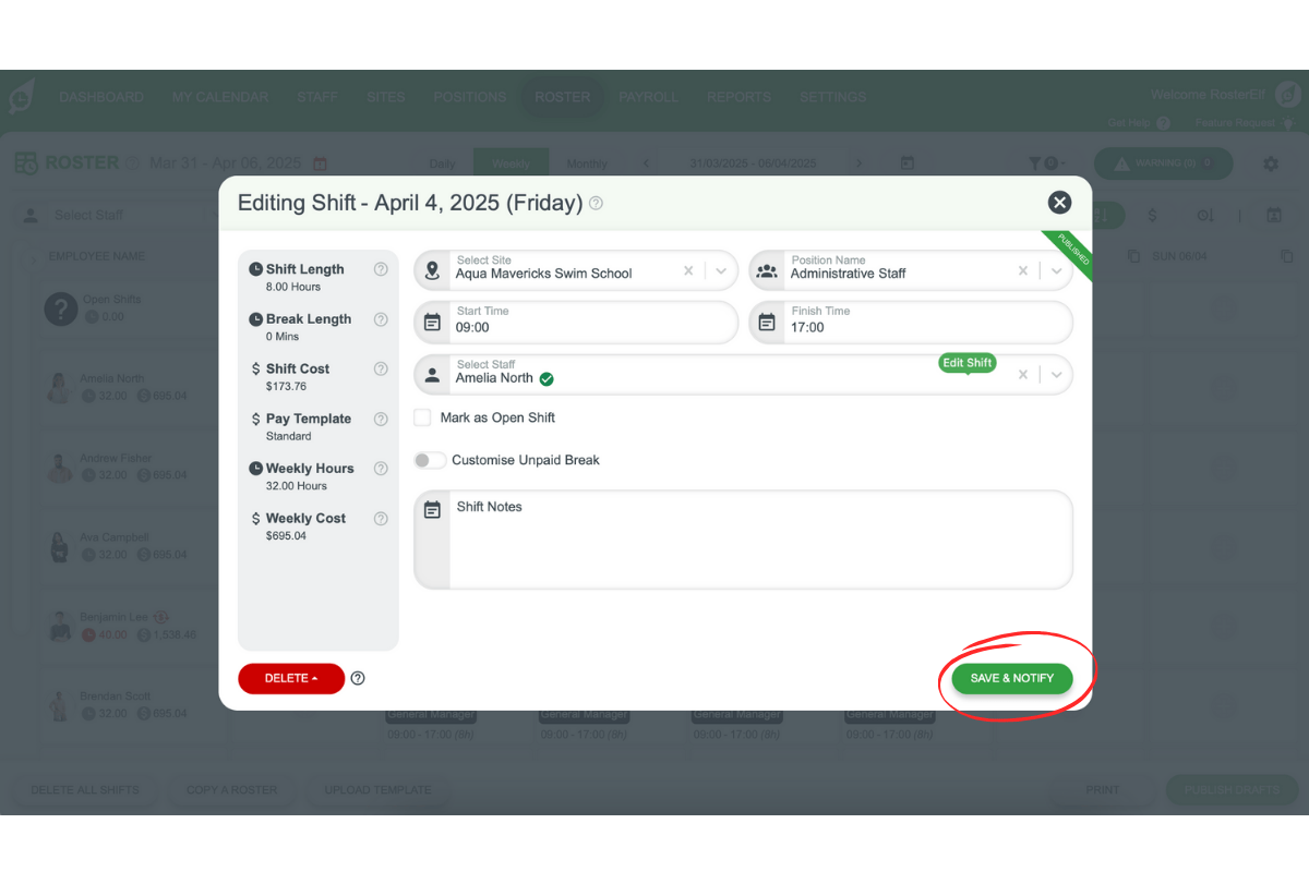 Save & Notify for published shift changes