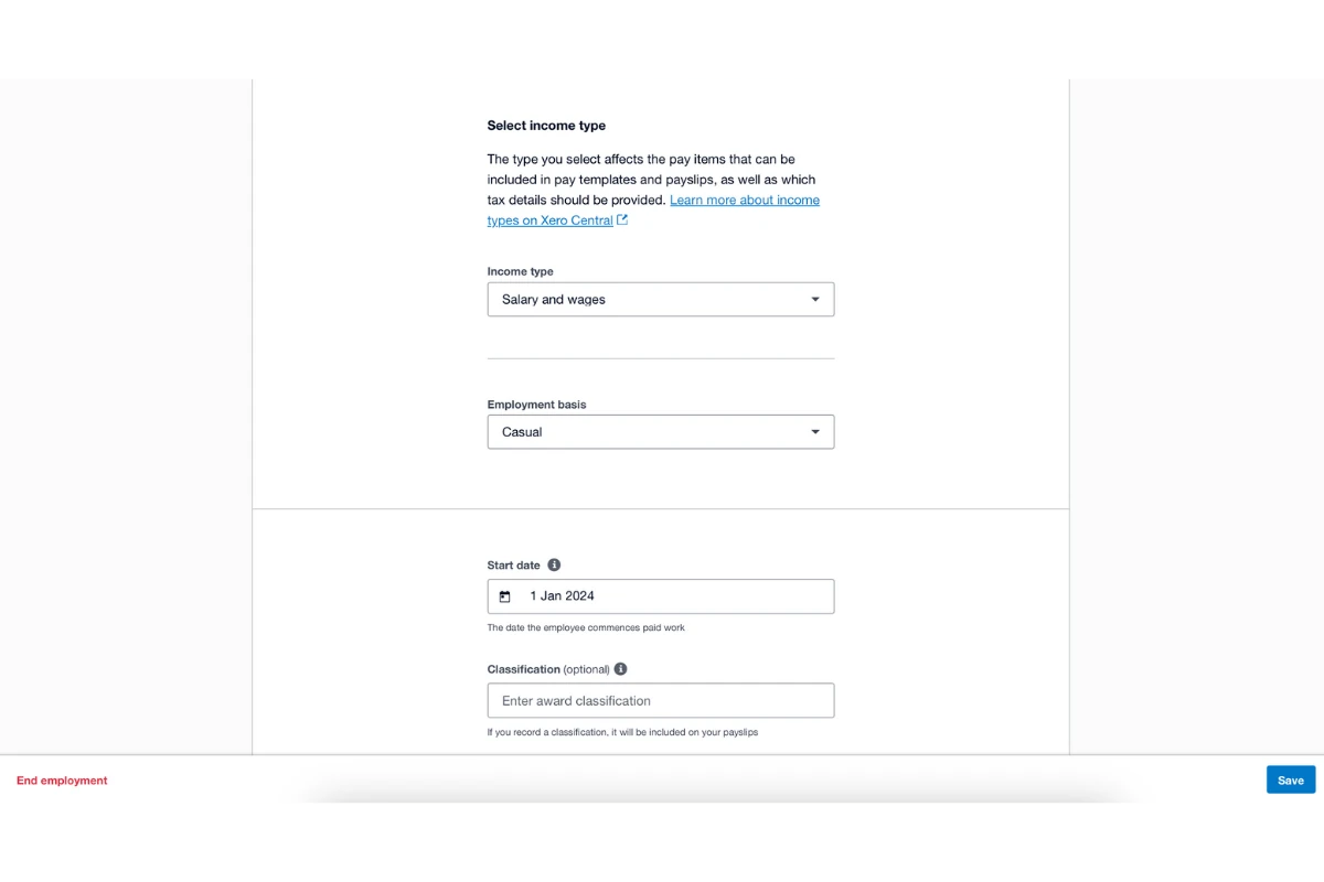 Screenshot of Xero employee\'s Employment tab.