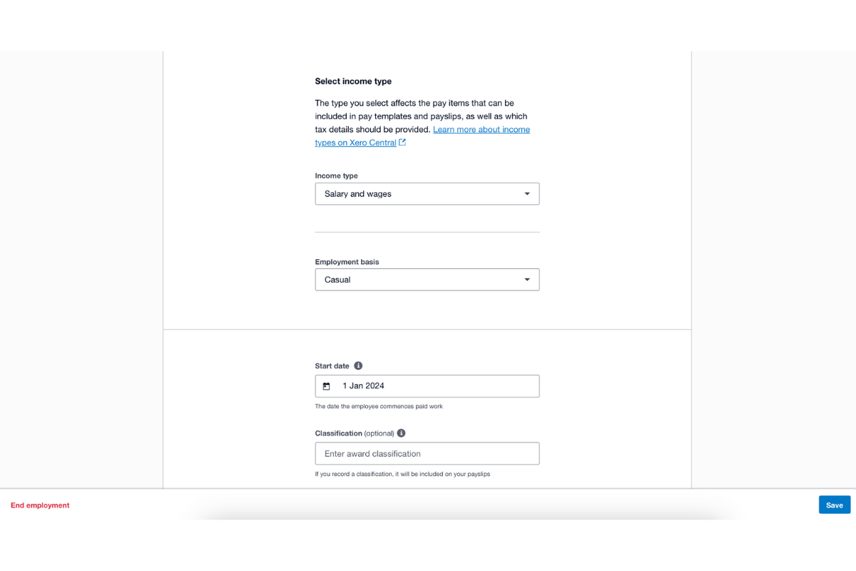 Screenshot indicating the location of the pay calendar dropdown in Xero