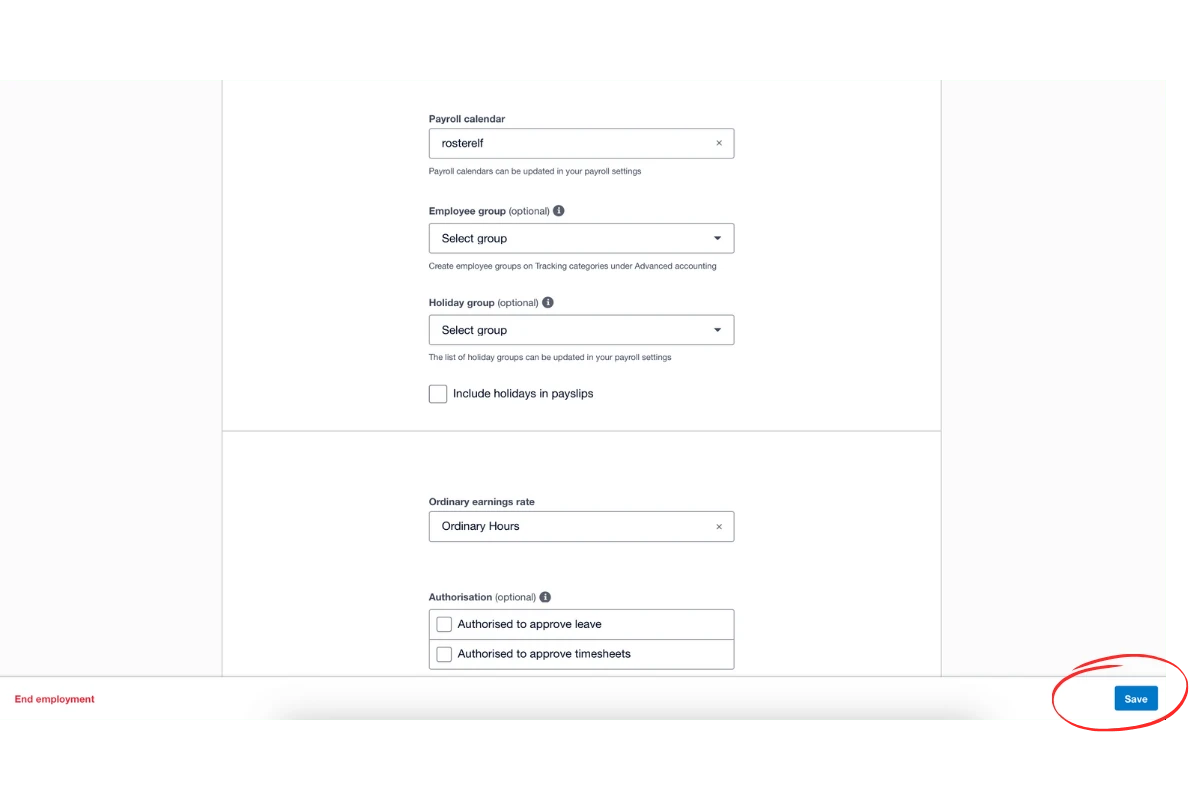 Screenshot of the Save button in Xero employee employment tab