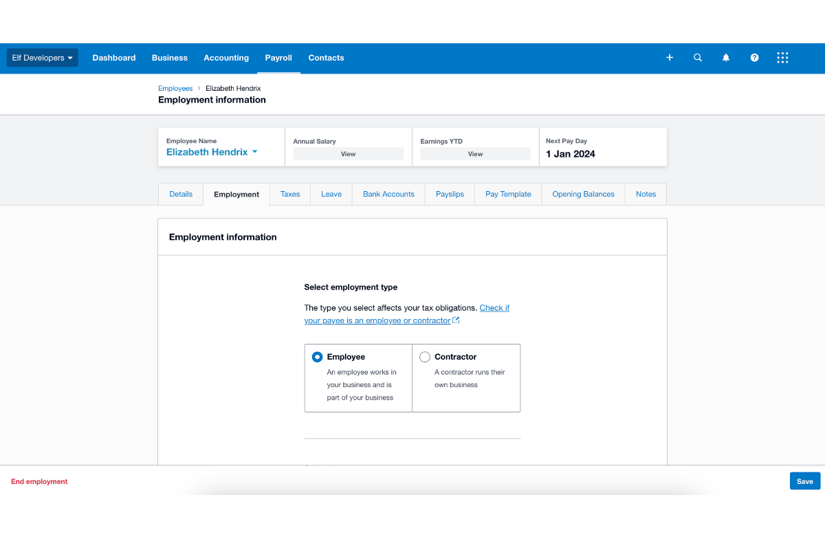Screenshot of Xero employee profile highlighting Employment tab