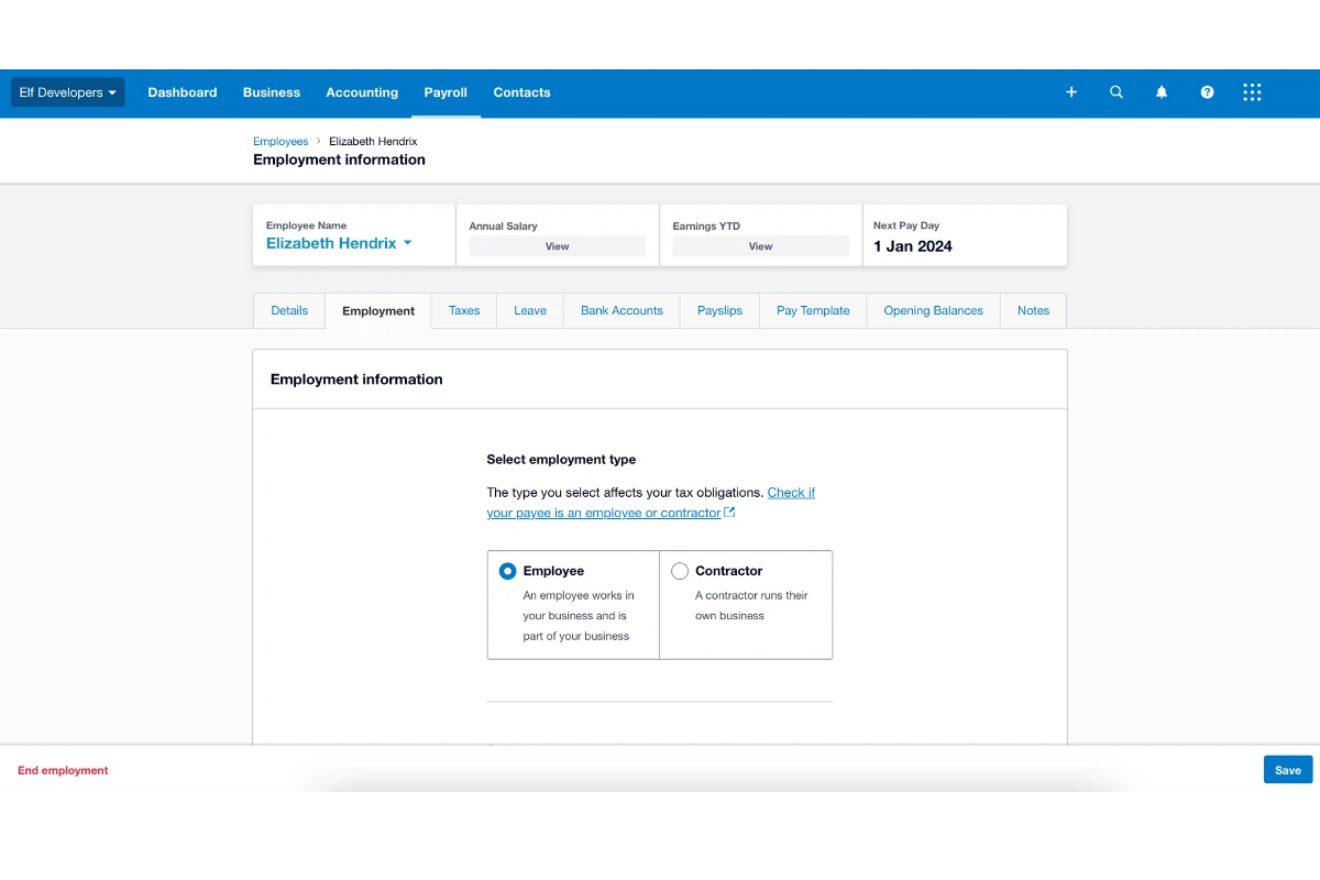 Screenshot of Xero employee profile highlighting Employment tab
