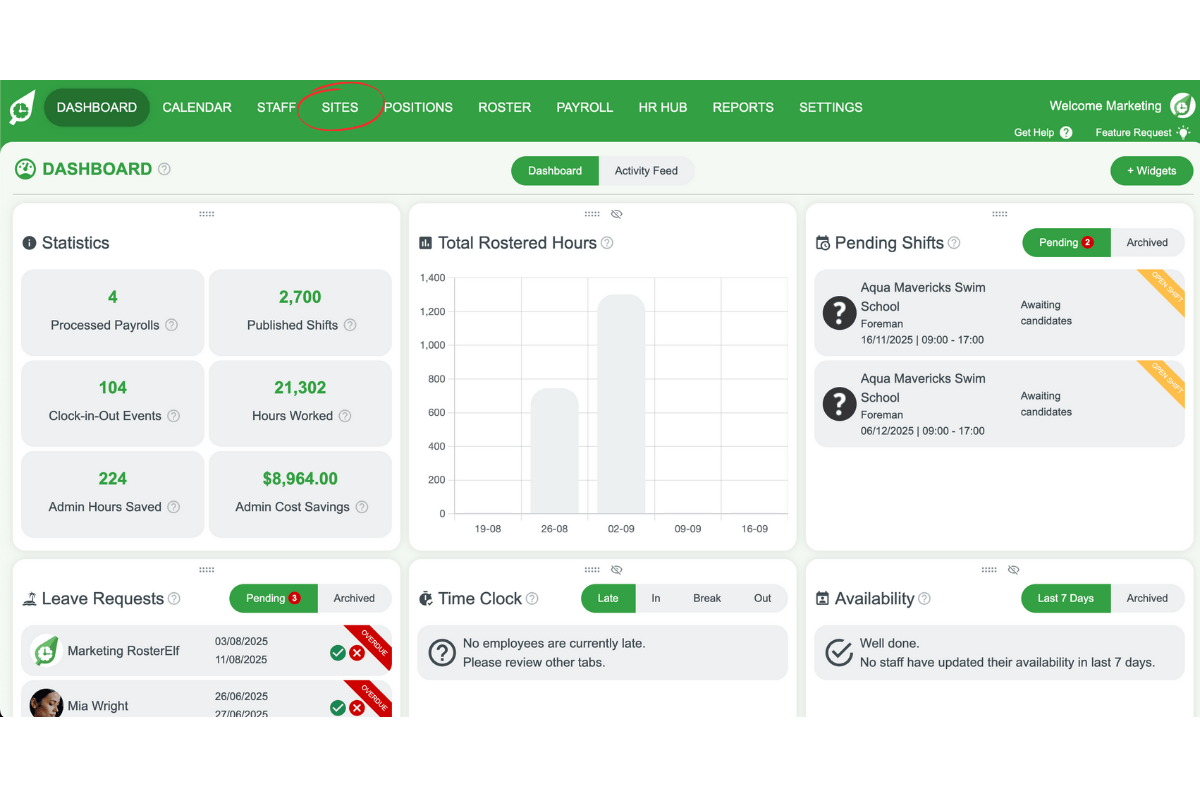 Staff management interface in RosterElf