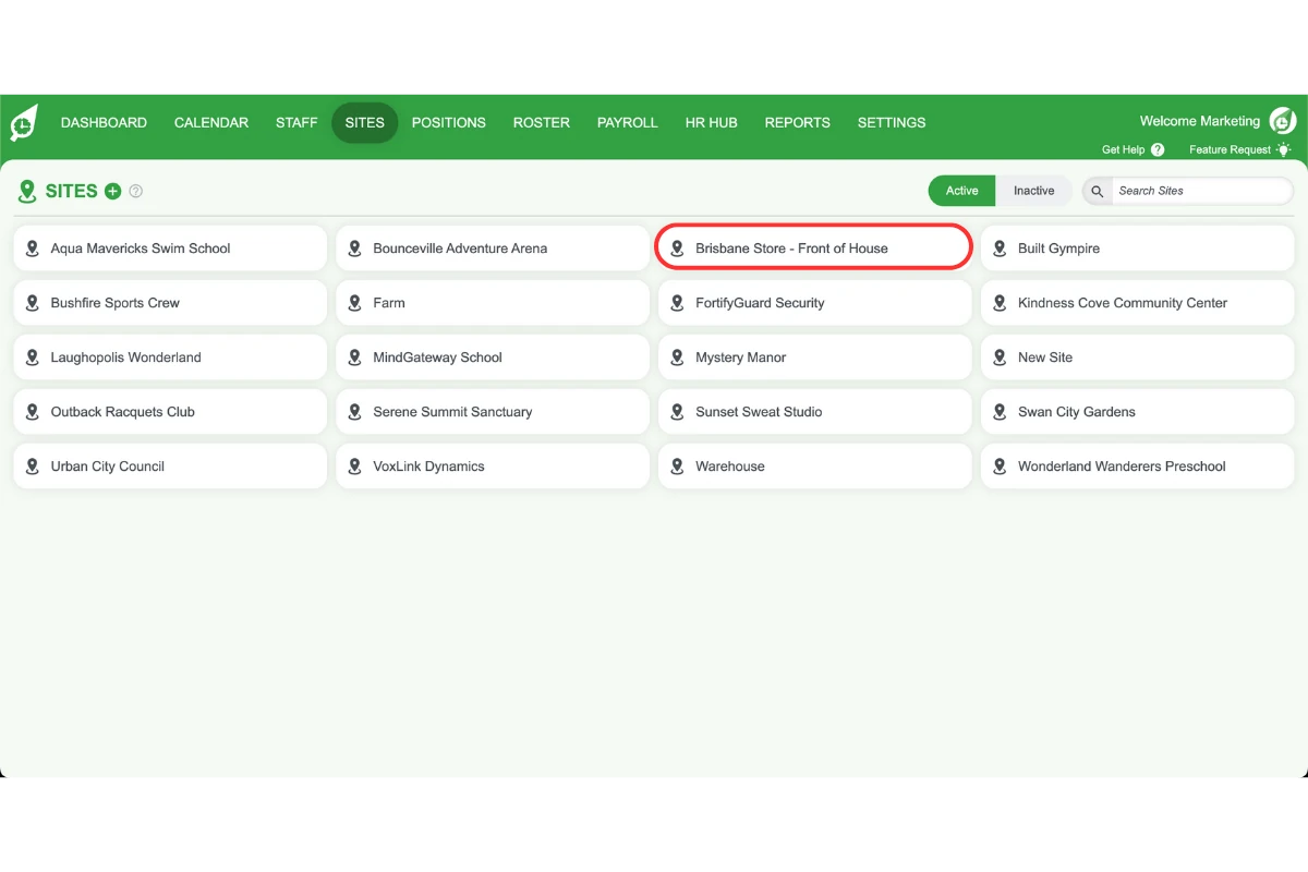Selecting a site in the RosterElf Sites tab