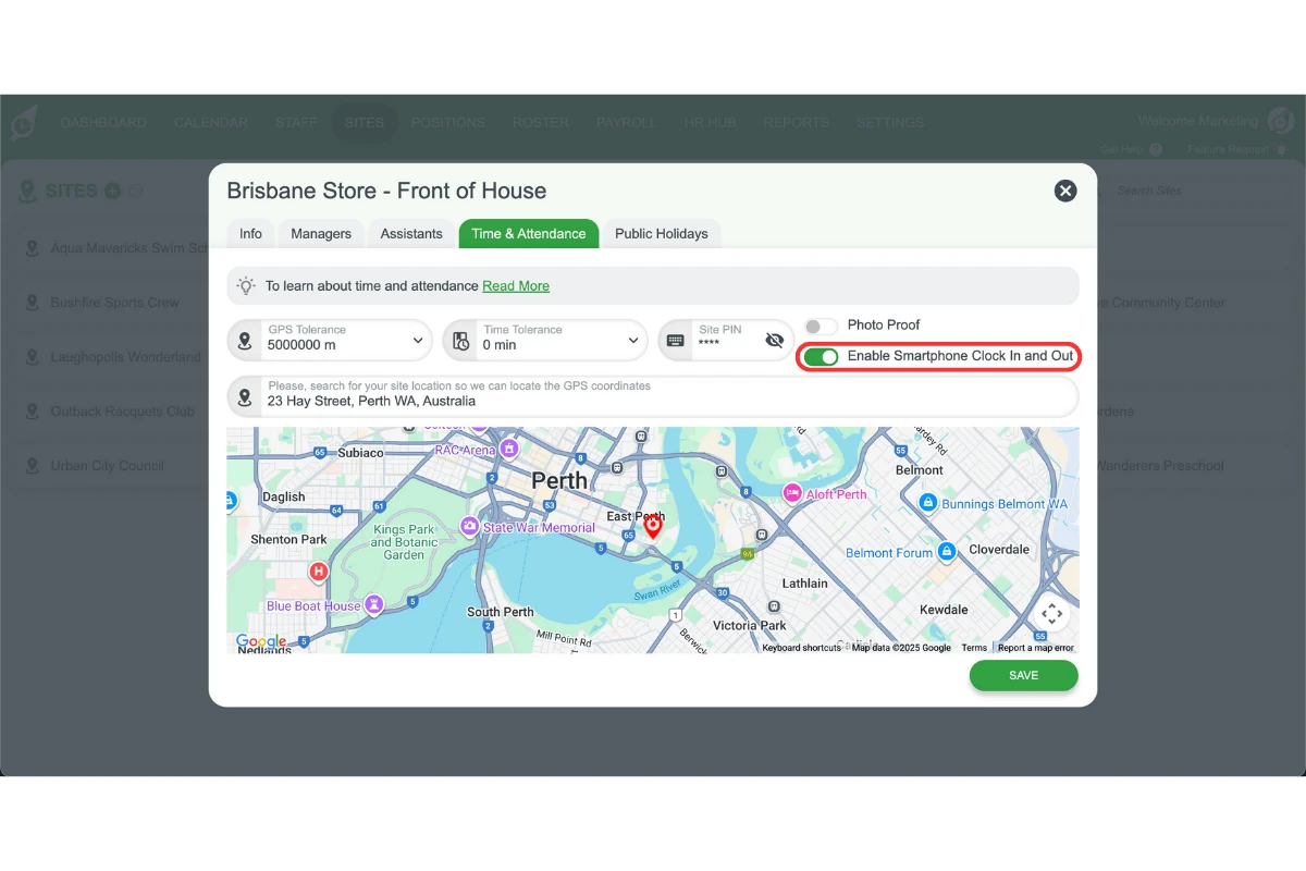 Enable Smartphone clock in and out toggle in RosterElf site settings