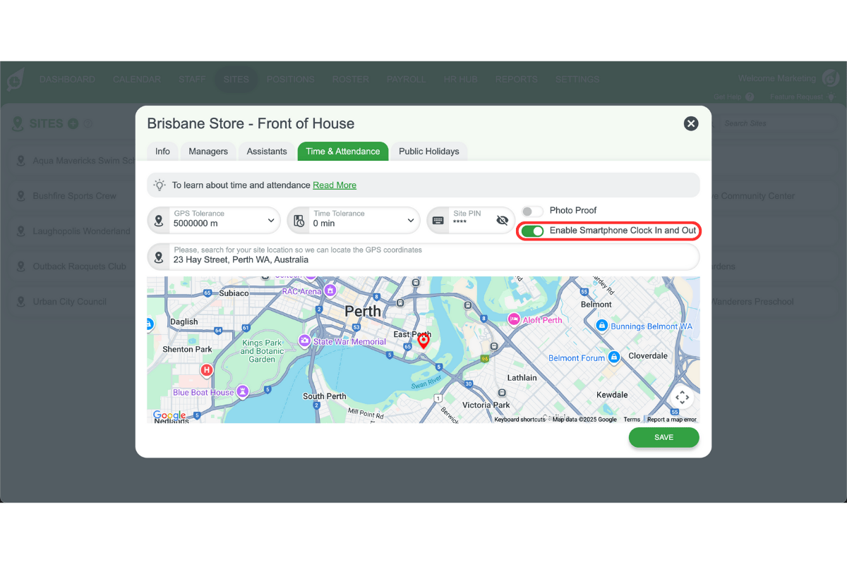 Staff management interface in RosterElf