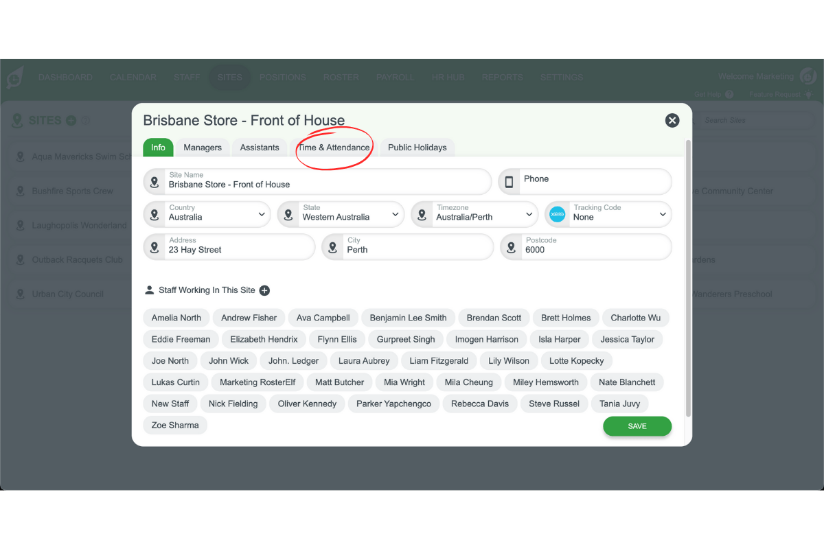 Staff management interface in RosterElf