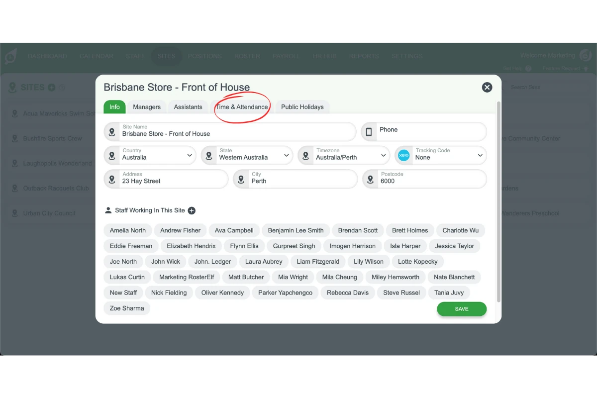 Time and Attendance settings for a site in RosterElf
