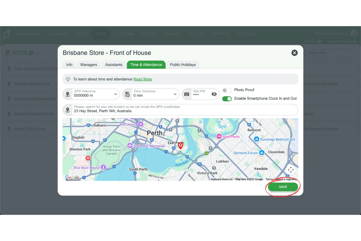 Saving Time and Attendance settings for a site in RosterElf