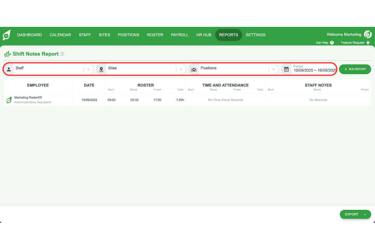 Staff management interface in RosterElf