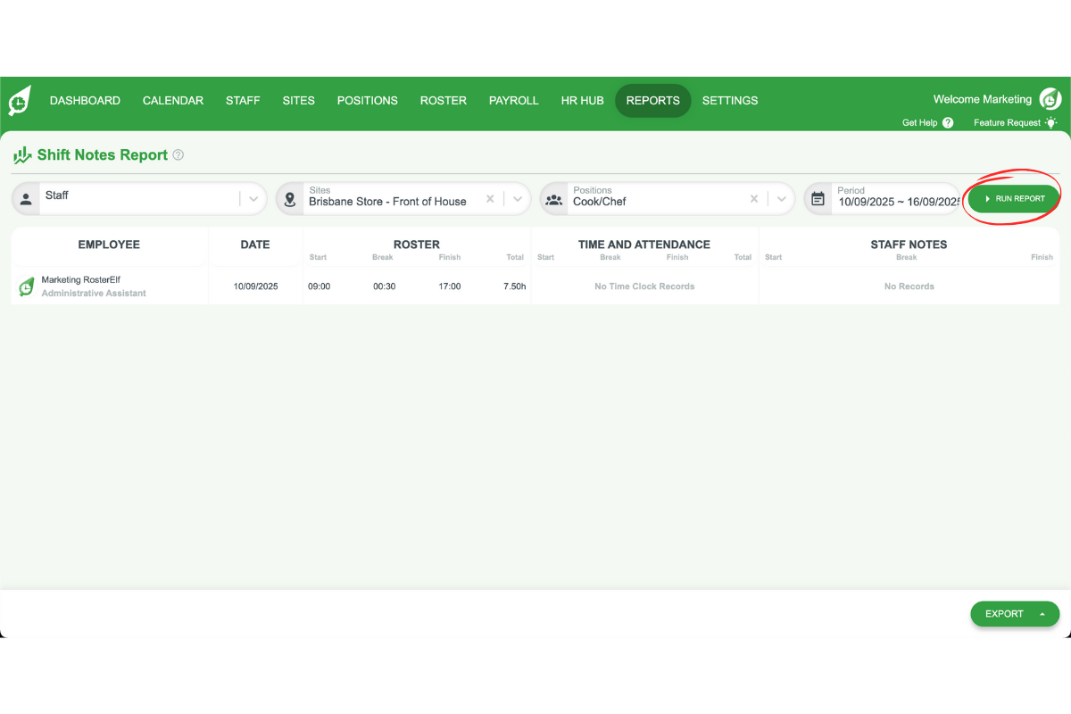 Staff management interface in RosterElf