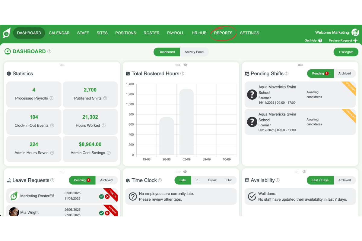 Staff management interface in RosterElf