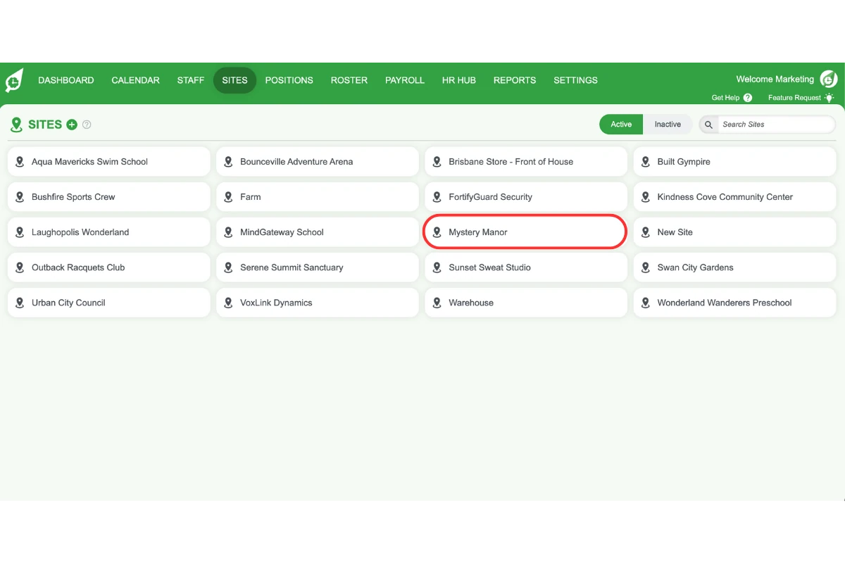 Selecting a site to activate in RosterElf