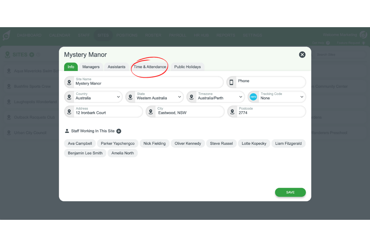 Screenshot showing the time and attendance in RosterElf