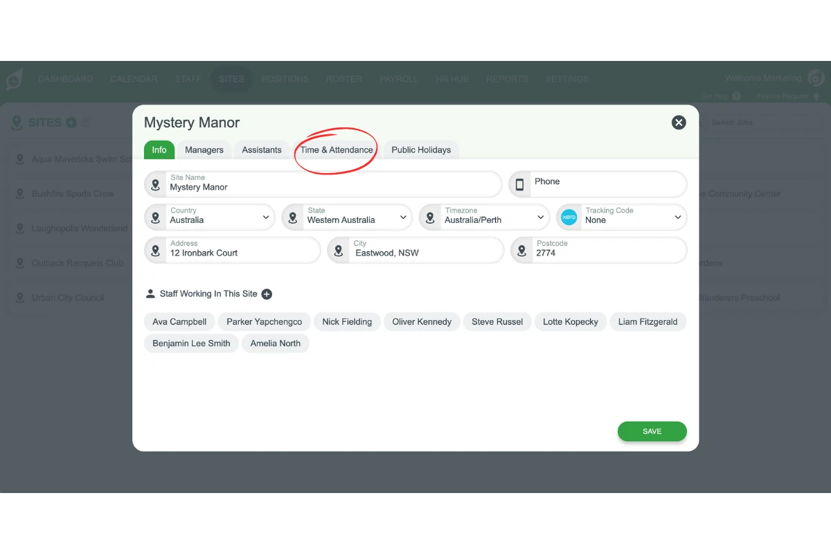 Time and Attendance tab for a site in RosterElf