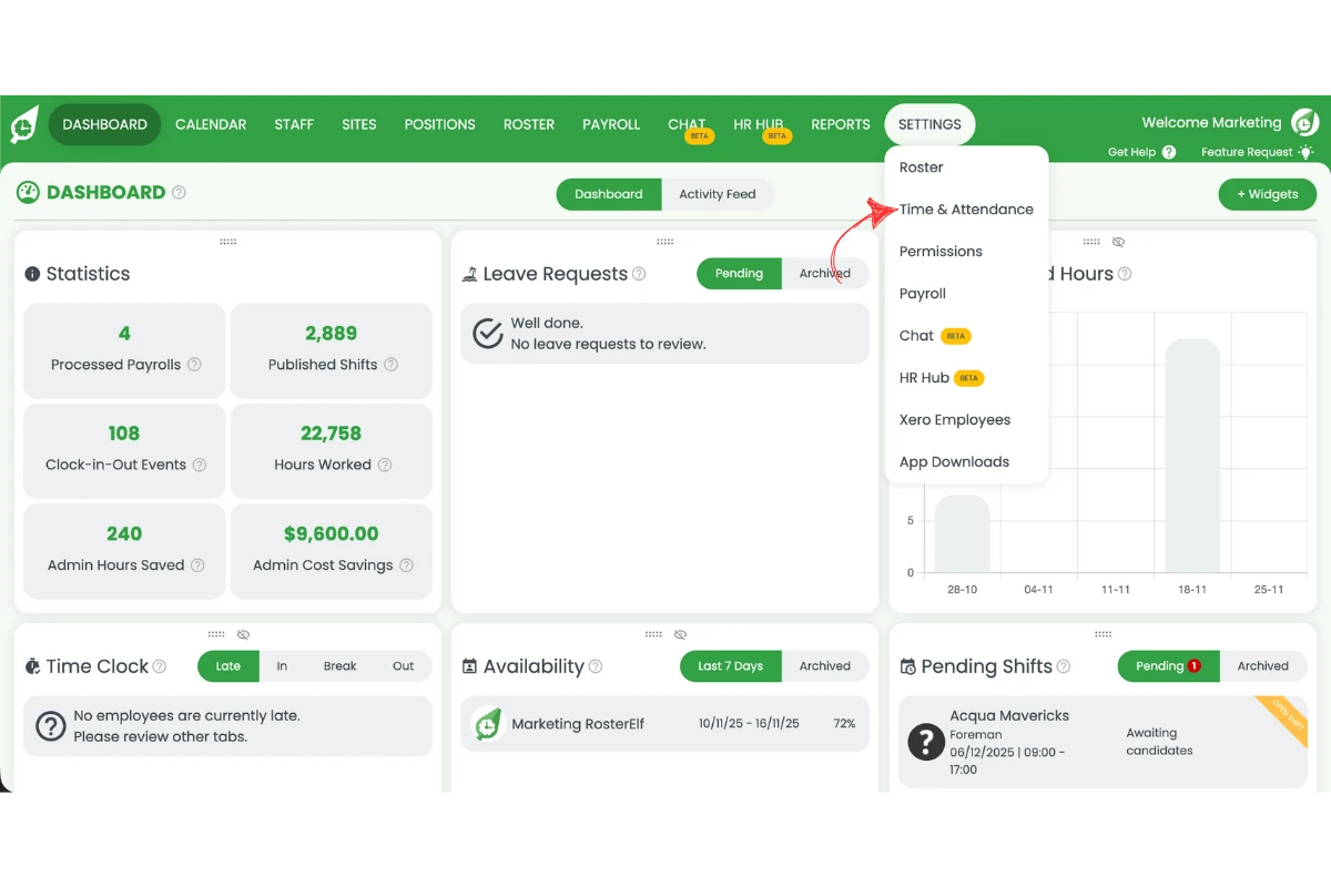 Global Time and Attendance settings in RosterElf