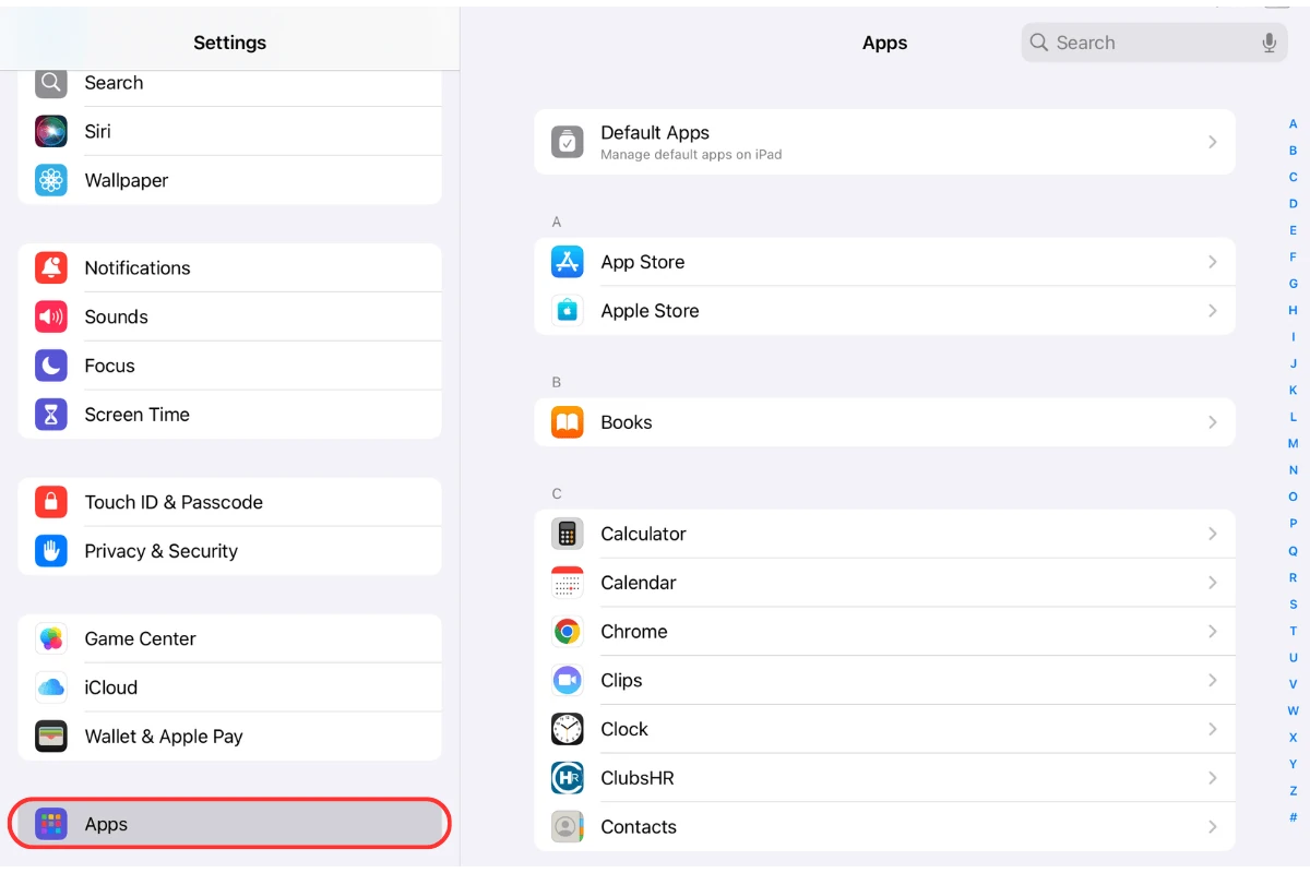Screenshot of the tablet's Settings menu, highlighting the Apps section
