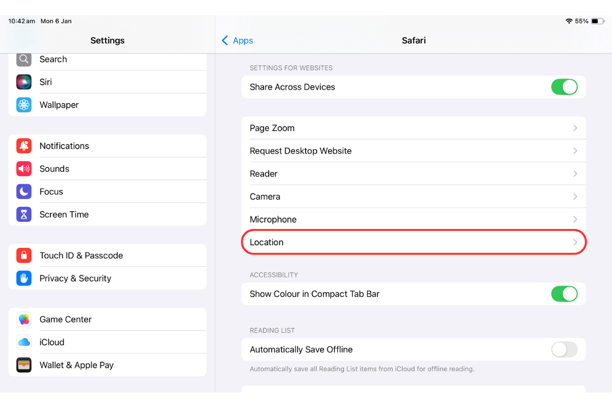 Screenshot of Safari's settings menu with Location settings highlighted