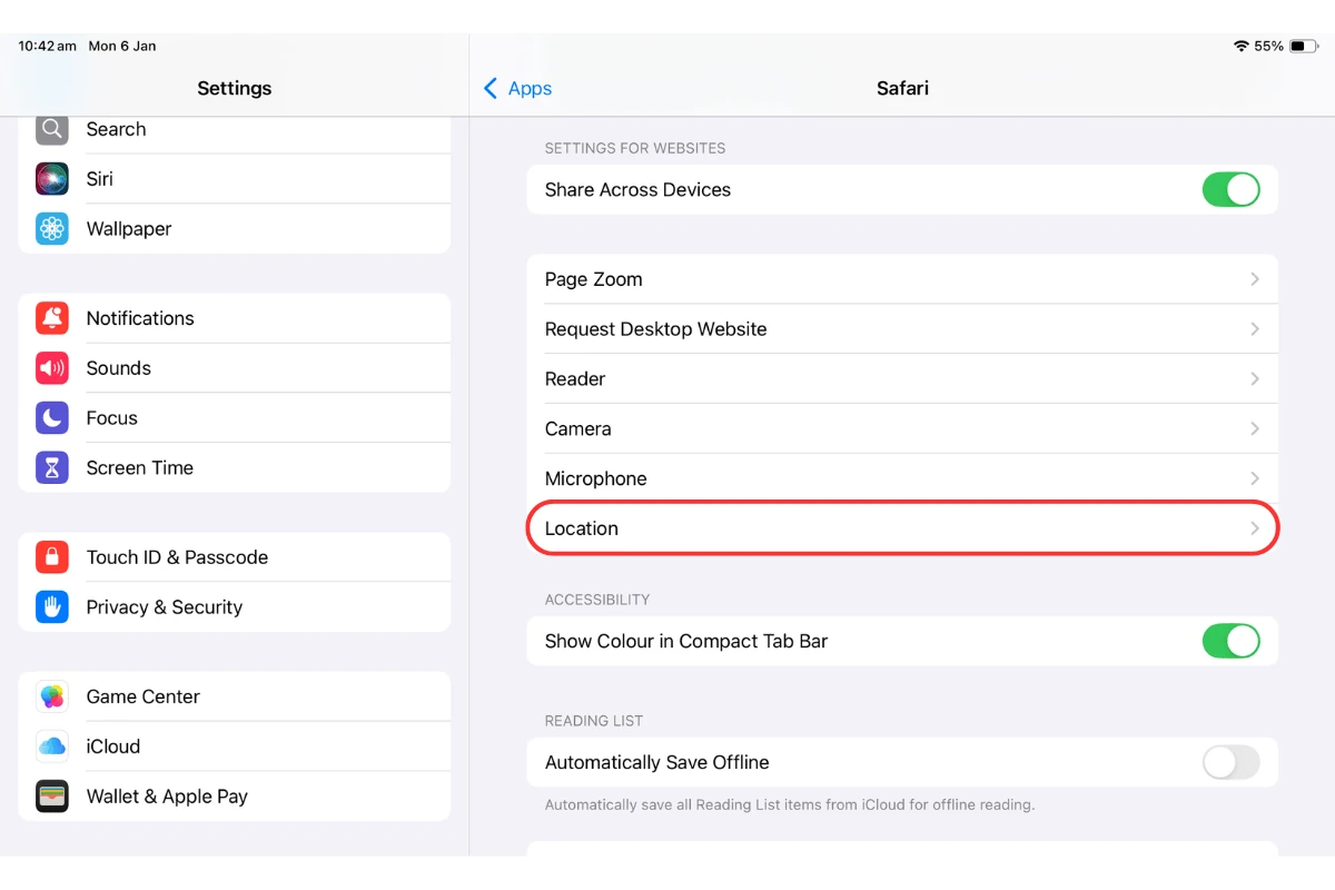 Screenshot of Safari's settings menu with Location settings highlighted