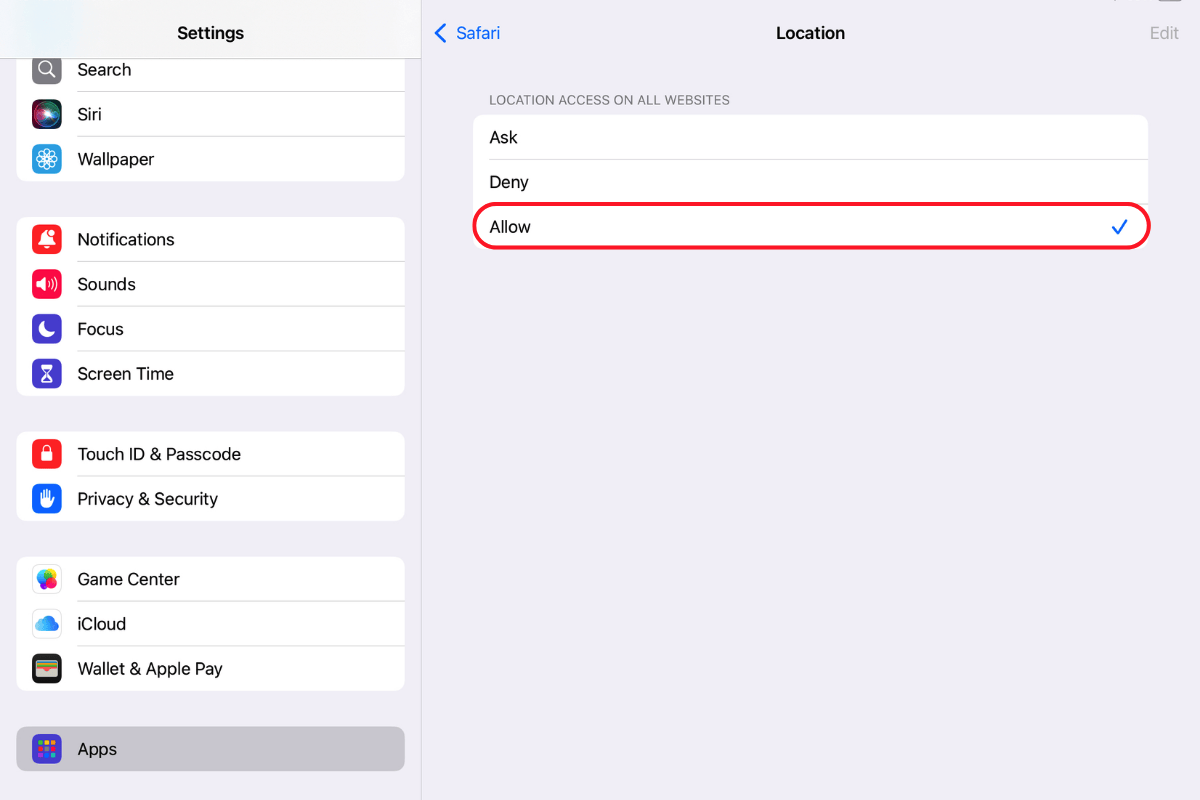 Screenshot of the Location settings with the Allow option selected for Safari