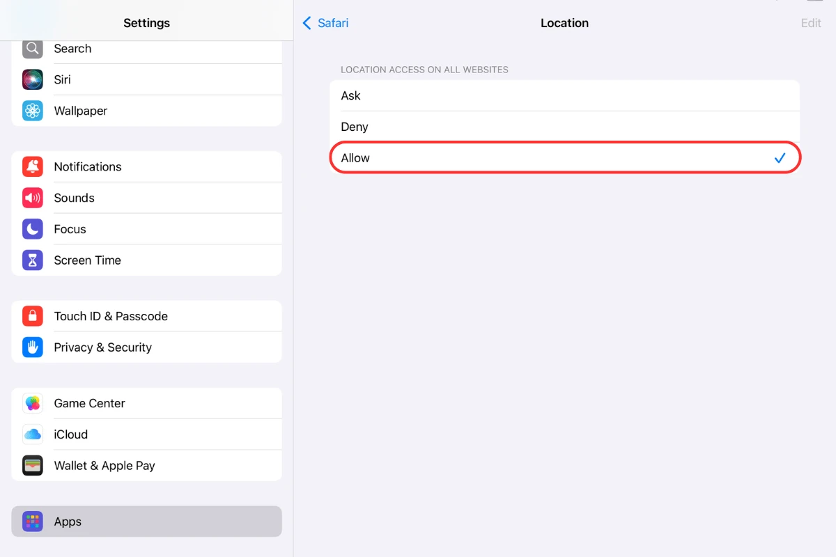 Screenshot of the Location settings with the Allow option selected for Safari