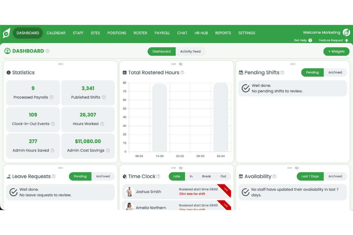 Screenshot of the RosterElf dashboard showing the top navigation bar with the Settings option