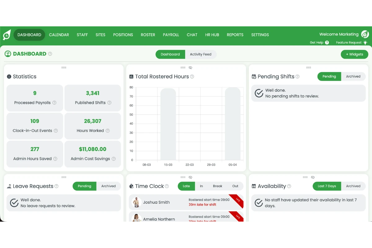 Screenshot of the RosterElf dashboard showing the top navigation bar with the Settings option