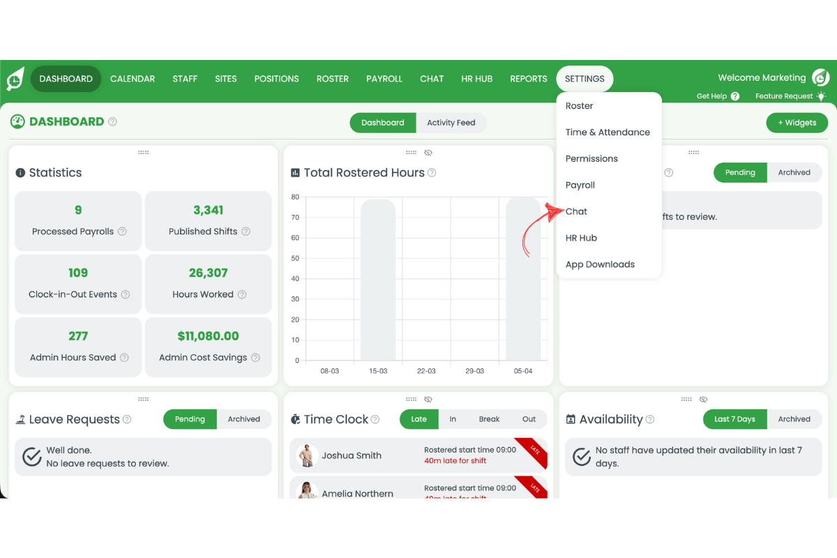 Screenshot of the RosterElf Settings dropdown menu with the Chat option highlighted