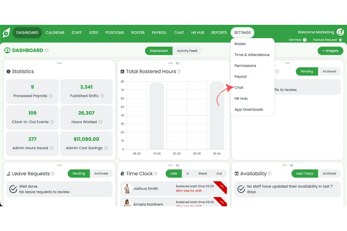 Screenshot of the RosterElf Settings dropdown menu with the Chat option highlighted