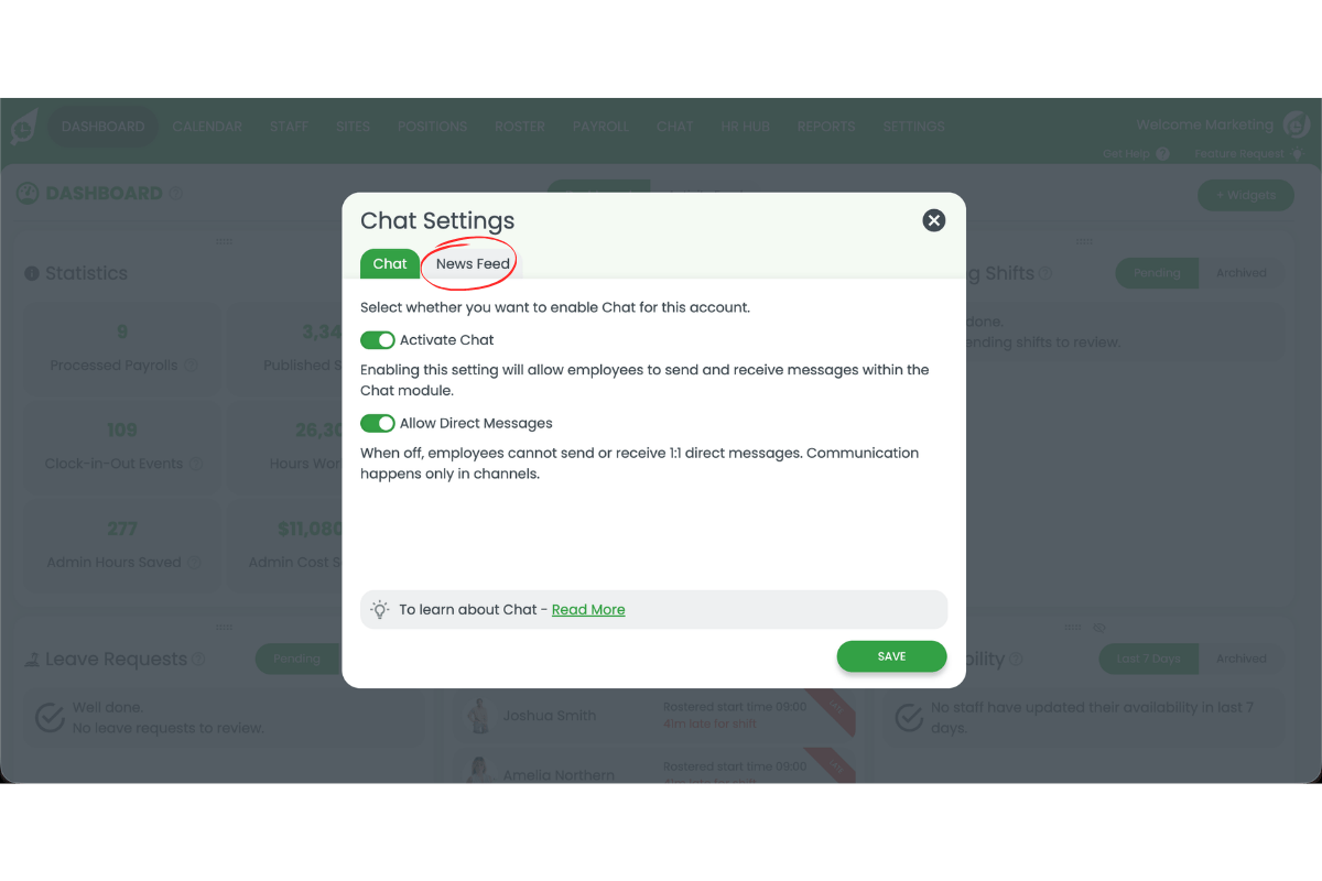 Screenshot of the Chat Settings modal in RosterElf showing the Chat and News Feed tabs