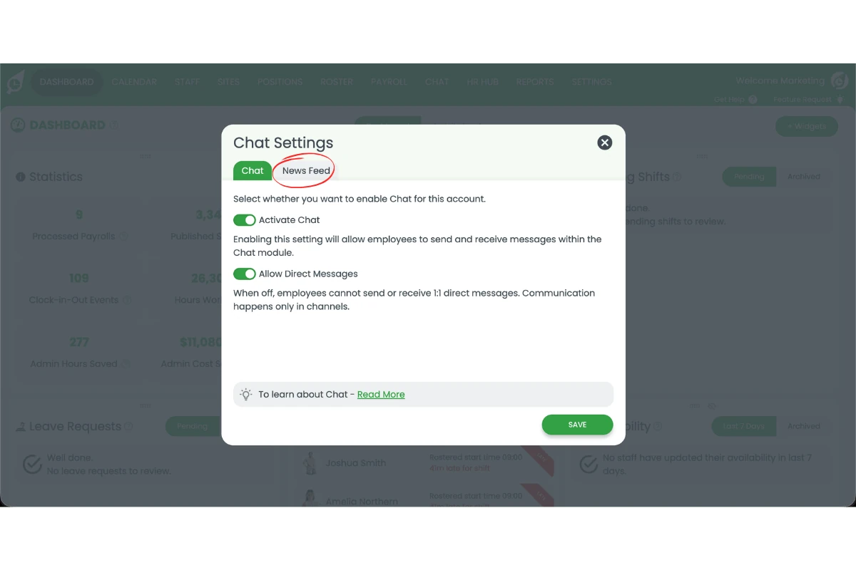 Screenshot of the Chat Settings modal in RosterElf showing the Chat and News Feed tabs
