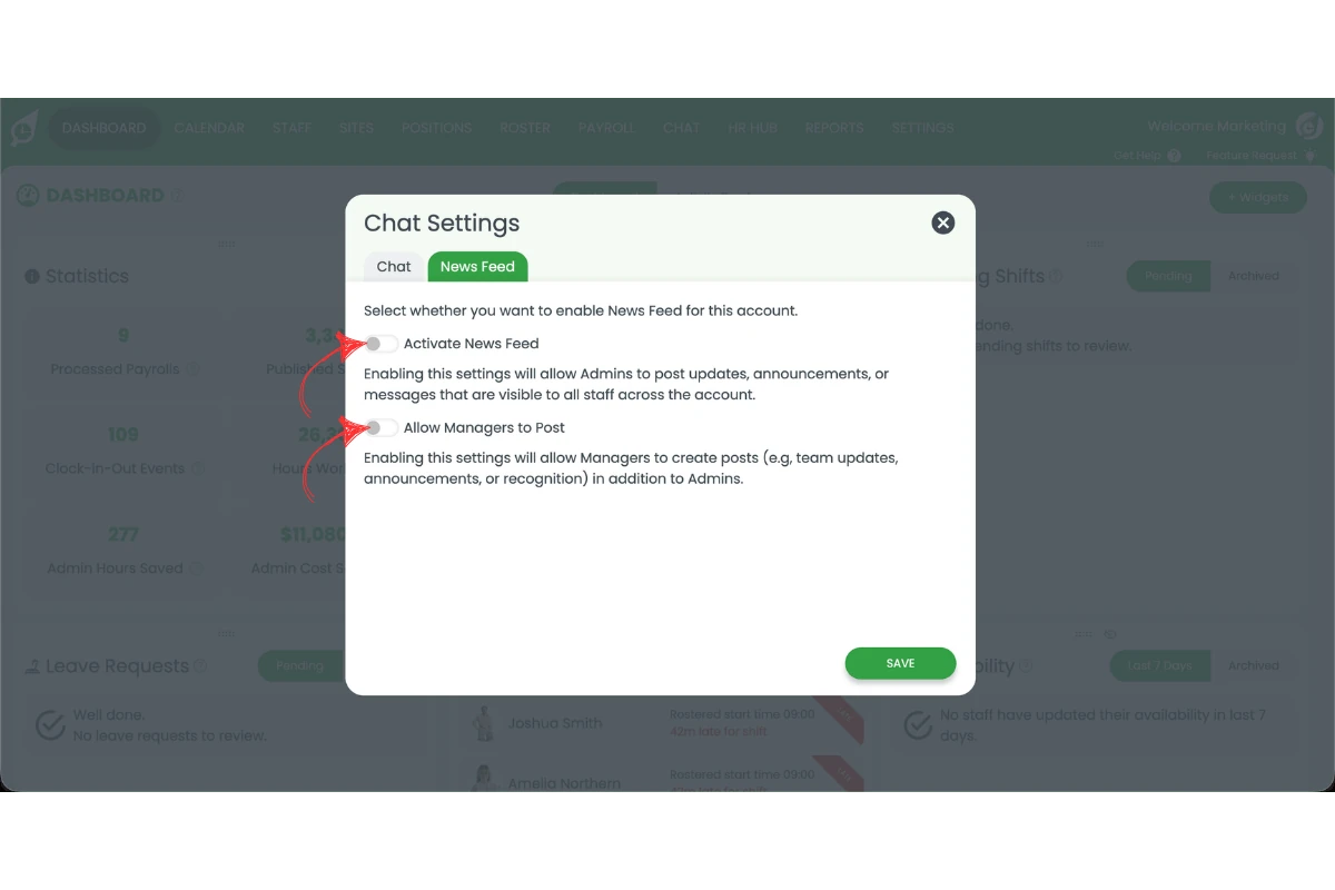 Screenshot of the News Feed settings tab in RosterElf showing the Activate News Feed toggle switched on