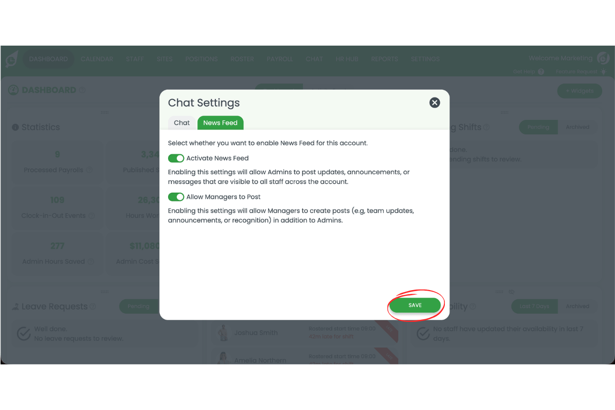 Screenshot of the News Feed settings in RosterElf with the Save button highlighted