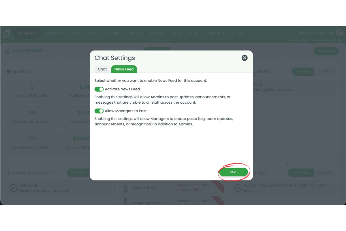 Screenshot of the News Feed settings in RosterElf with the Save button highlighted