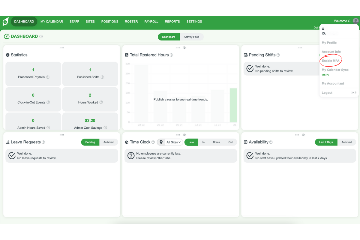 Profile dropdown in RosterElf highlighting Enable MFA