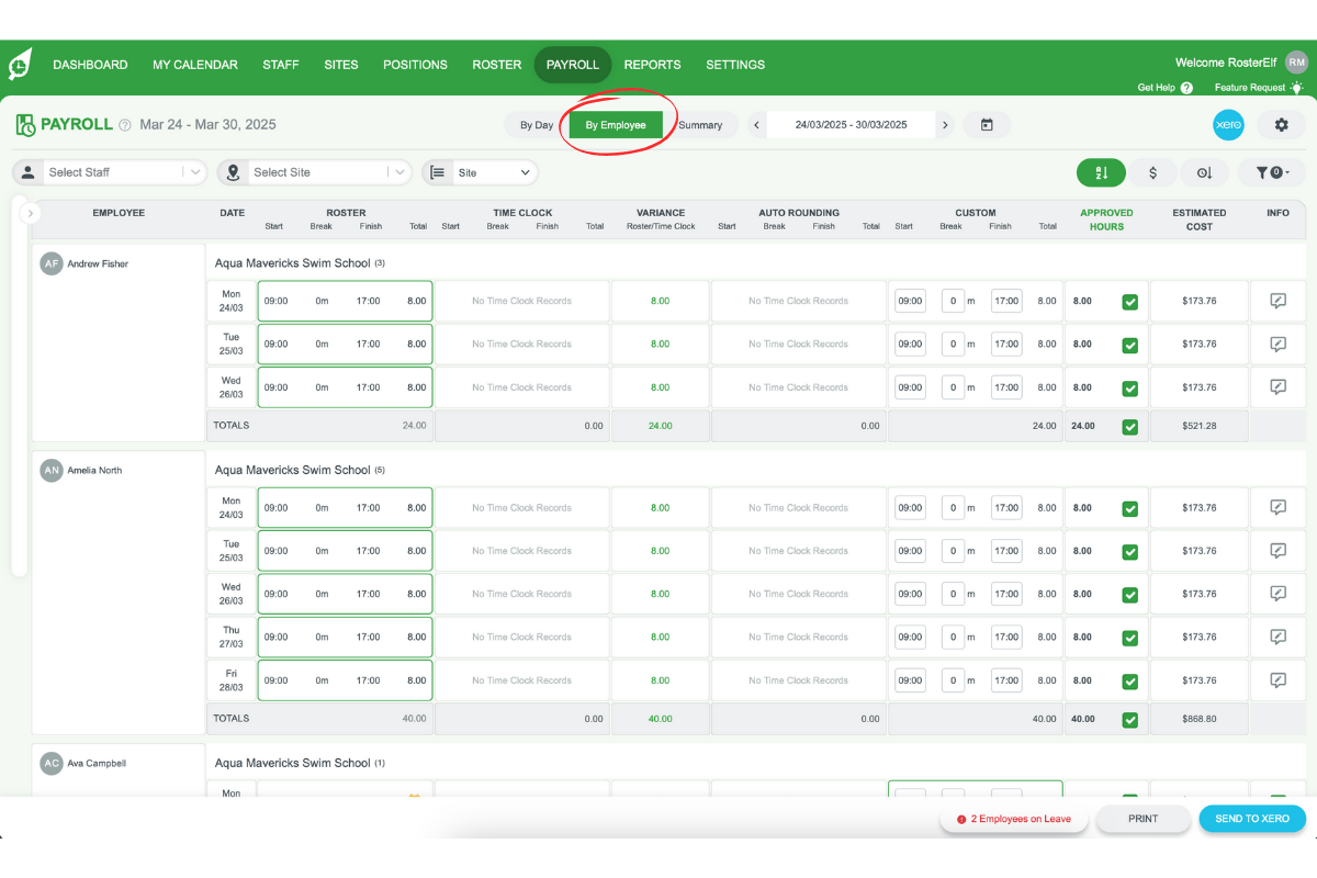 Screenshot of the By Employee option