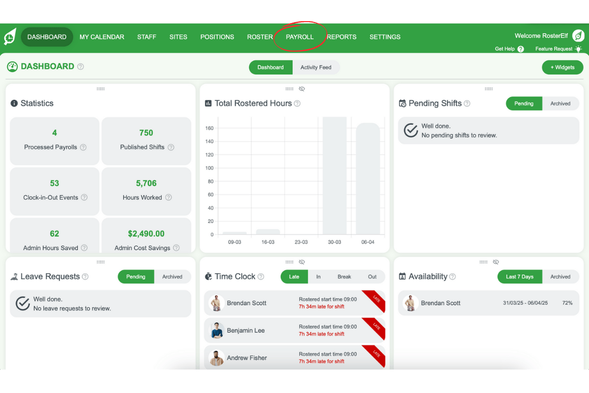 Screenshot highlighting the payroll section in RosterElf