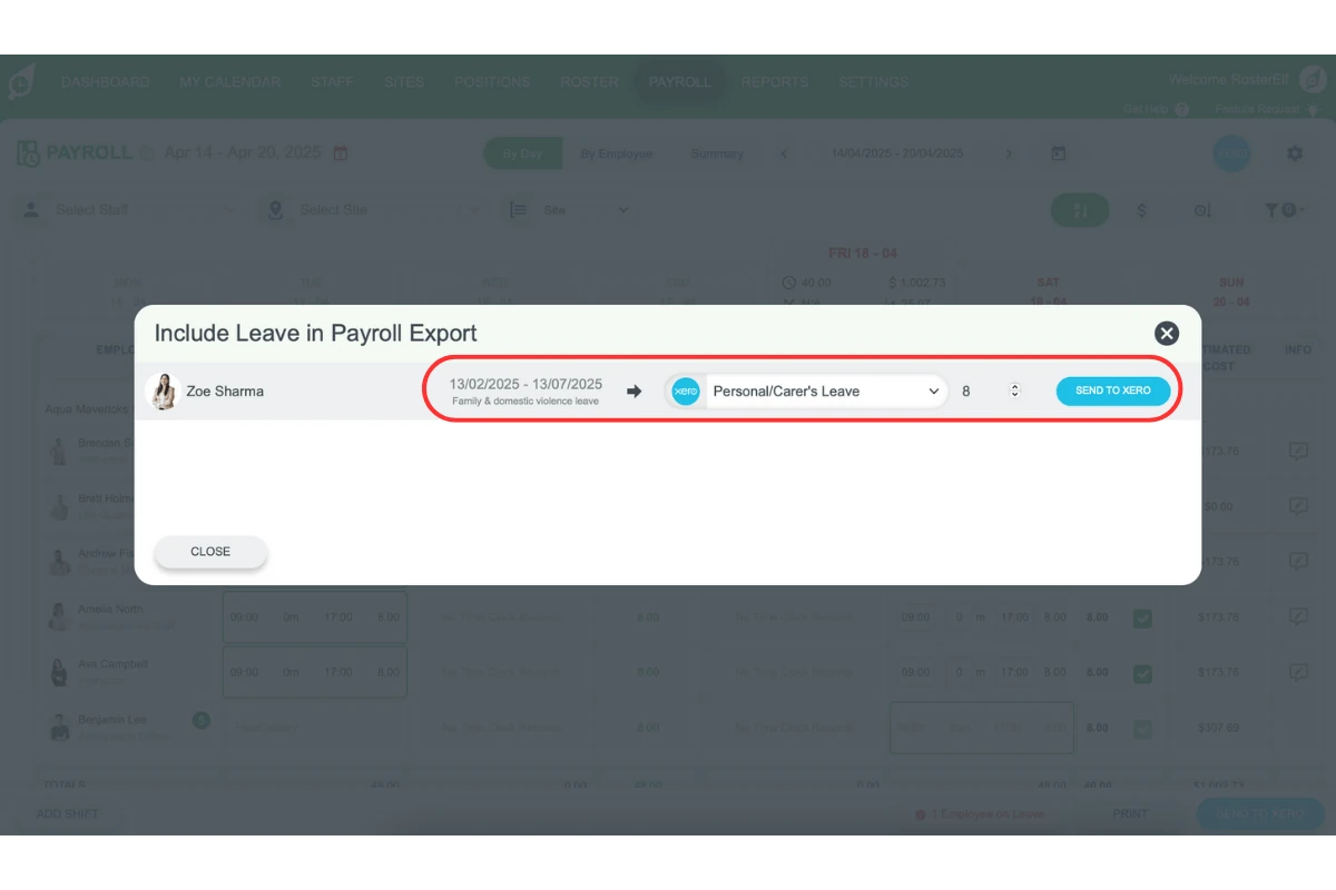 Screenshot illustrating how to finalize leave request adjustments for public holidays