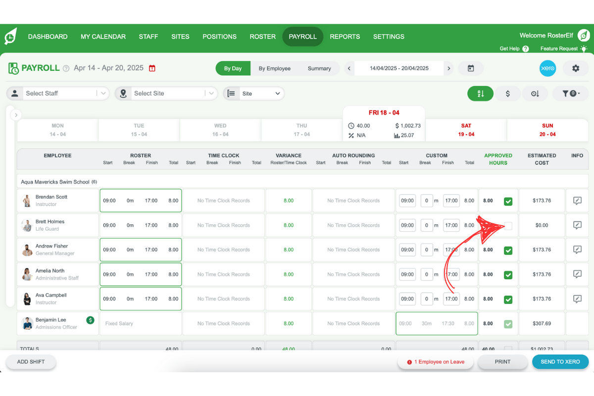 Screenshot of the payroll screen where users untick public holiday hours