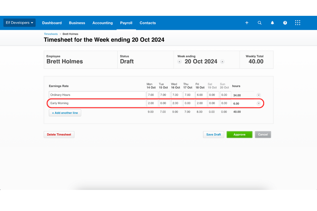 Screenshot showing sample Xero timesheets for staff with multiple roles.