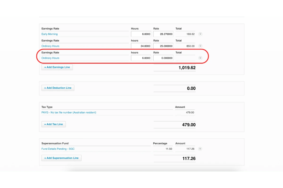 Screenshot displaying Xero Pay Run with an added $0 rate line item.
