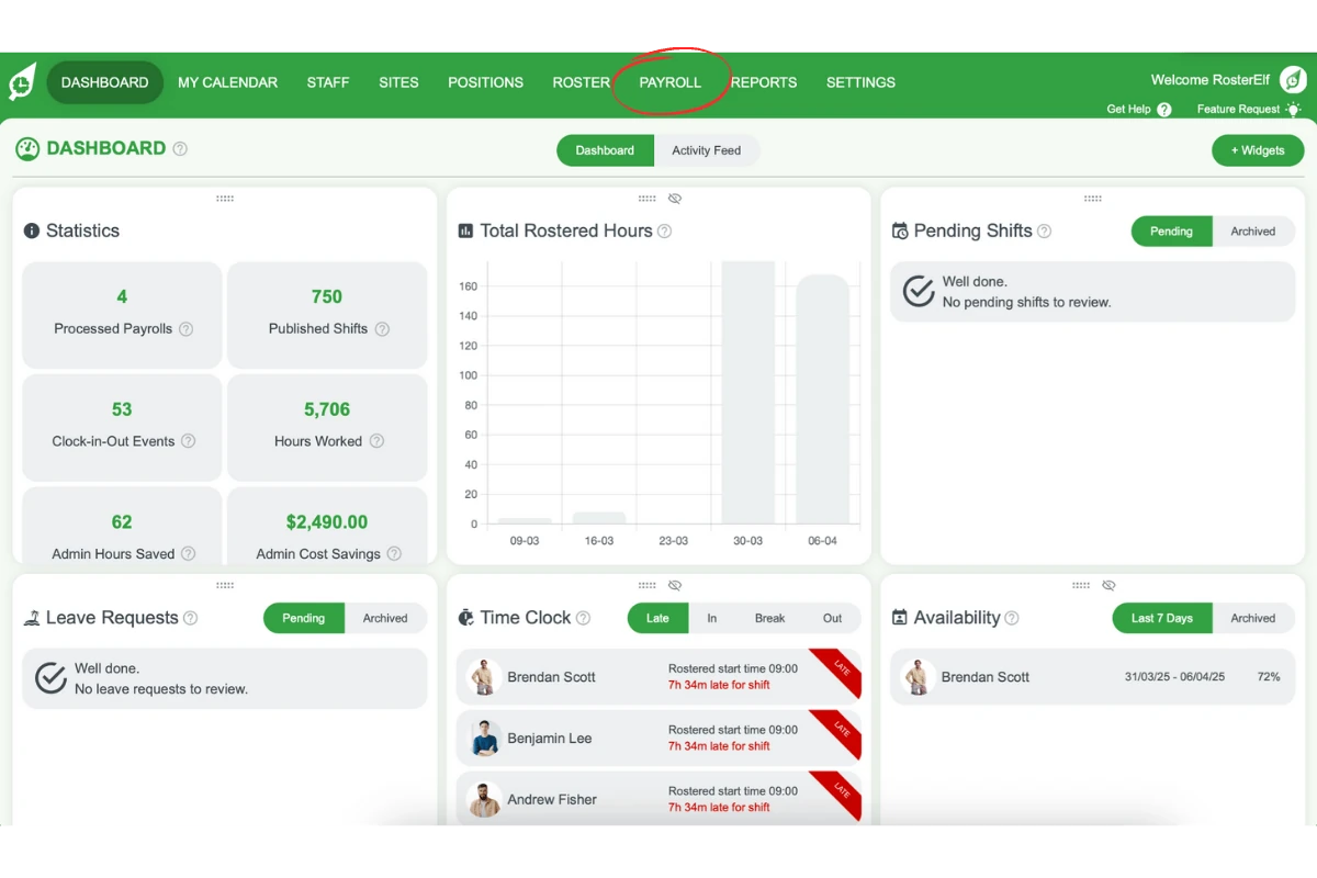 Screenshot of RosterElf menu with Payroll option