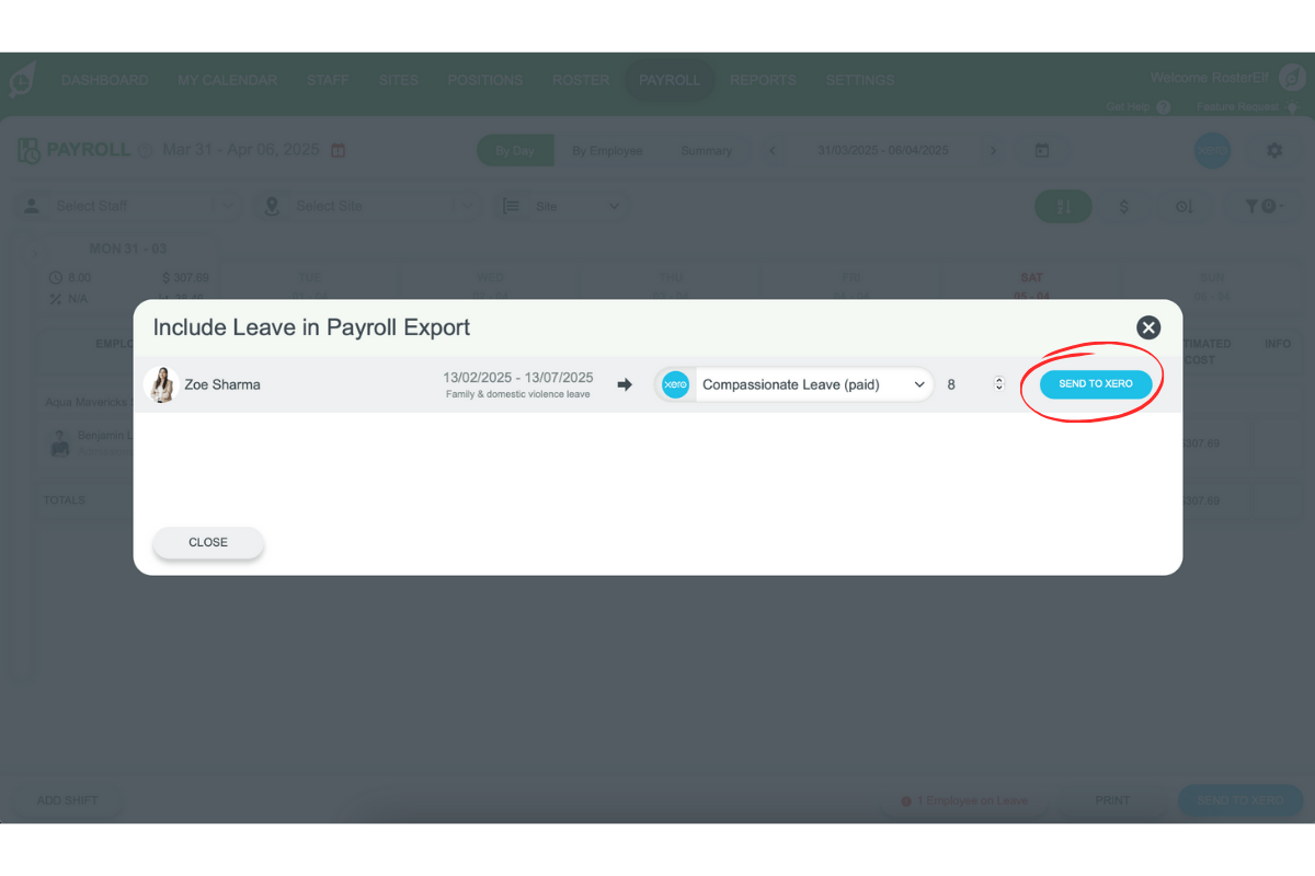 Screenshot showing the 'Send to Xero' button in RosterElf