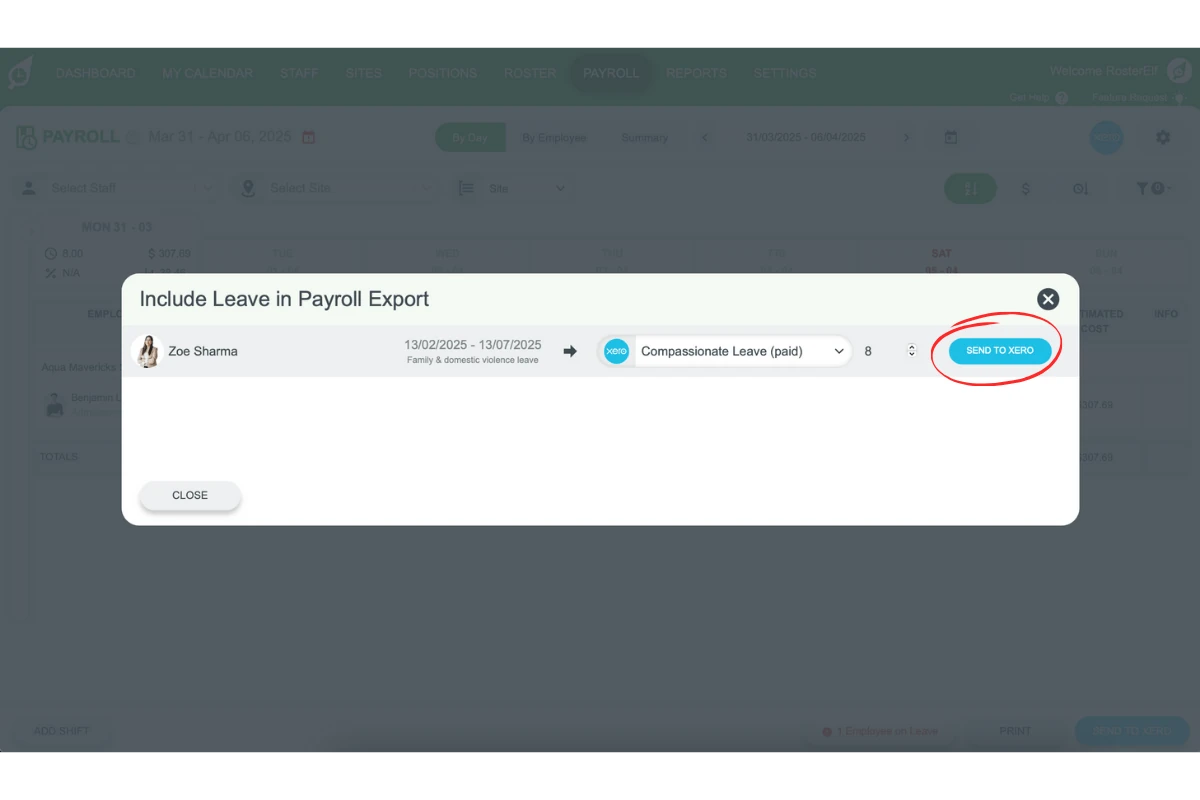Screenshot showing the 'Send to Xero' button in RosterElf